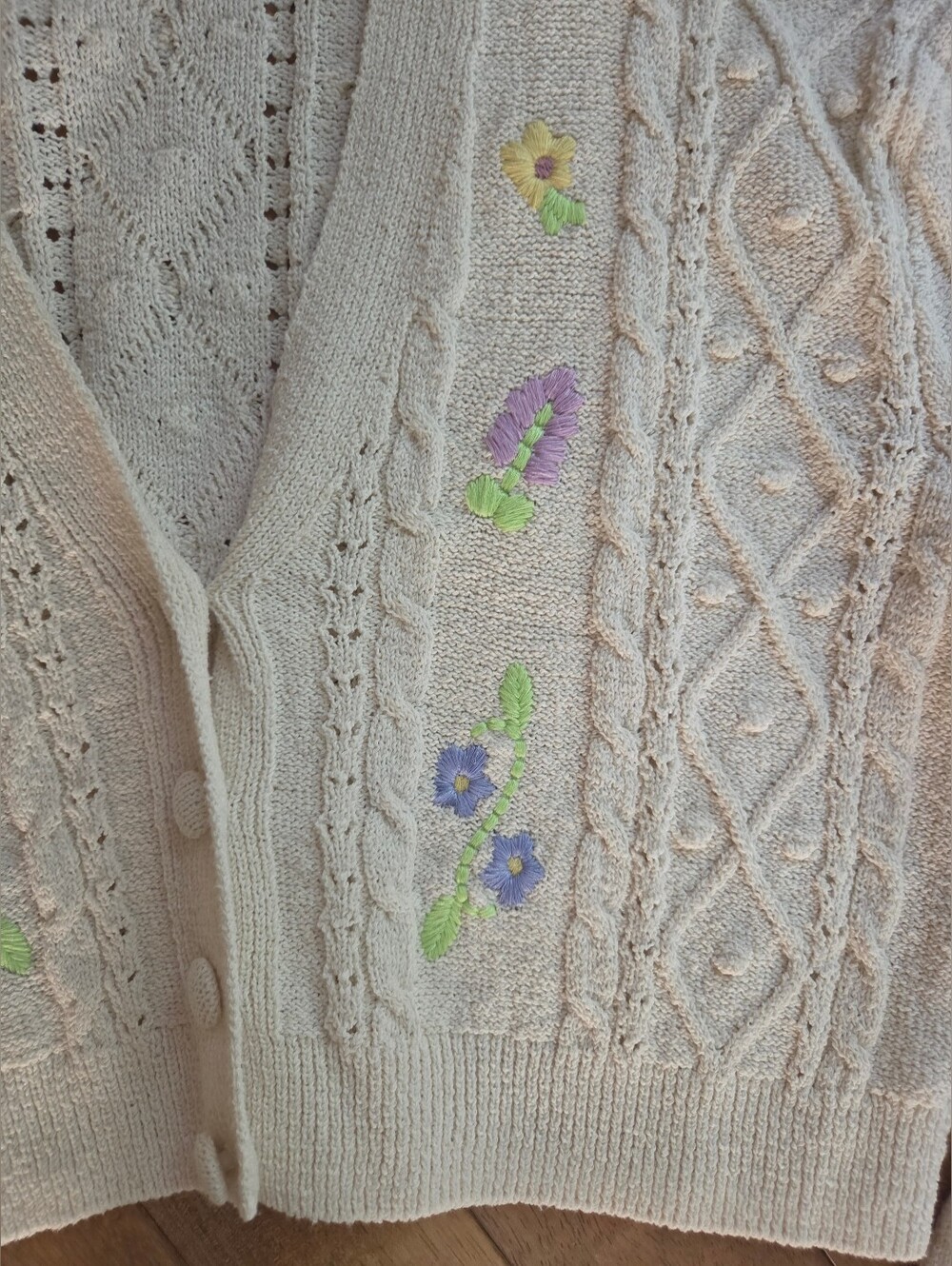 Zara Floral Embroidered Cable Knit Cardigan Sweater Cottagecore Grandpa Chic L - Picture 5 of 7